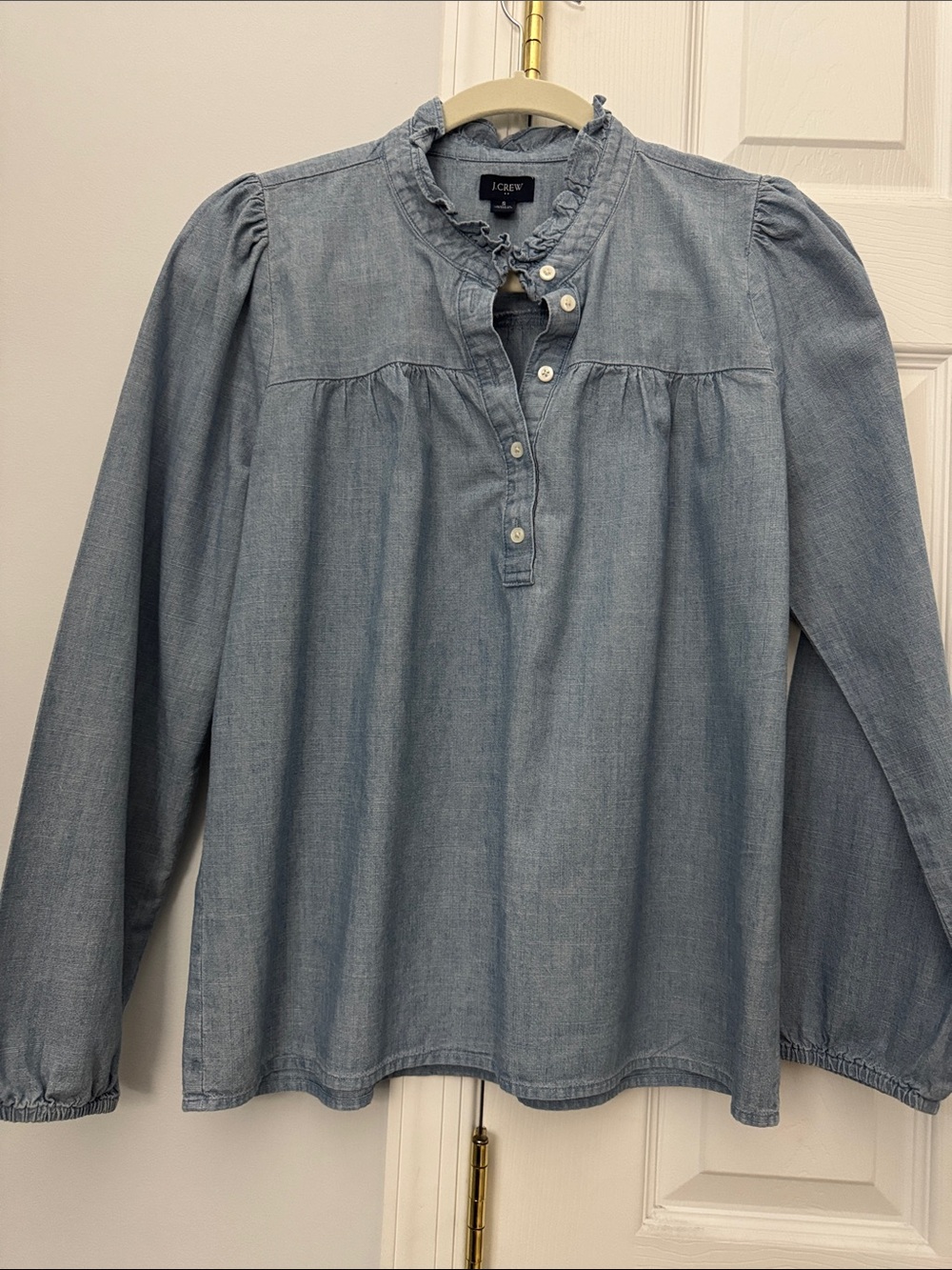 J. Crew Light Blue Chambray Ruffle-Neck Button Front Top